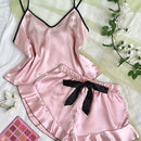Women's Smooth Satin Pajamas V-Neck T-Shirt Ruffled Edges 