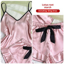 Women's Smooth Satin Pajamas V-Neck T-Shirt Ruffled Edges 