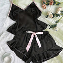 Women's Smooth Satin Pajamas V-Neck T-Shirt Ruffled Edges 