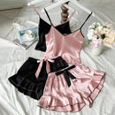 Women's Smooth Satin Pajamas V-Neck T-Shirt Ruffled Edges 