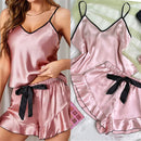 Women's Smooth Satin Pajamas V-Neck T-Shirt Ruffled Edges 