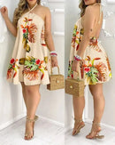 Floral Print Halter Neck Dress Boho Backless Halter Dress For 