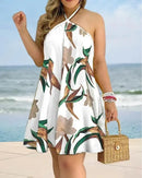 Floral Print Halter Neck Dress Boho Backless Halter Dress For 