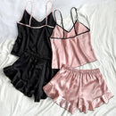 Women's Smooth Satin Pajamas V-Neck T-Shirt Ruffled Edges 